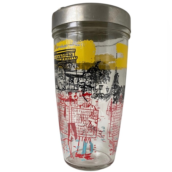 Vintage Bloomfield Industries Red Yellow MCM Paris Glass Cocktail Shaker W/Lid. - Picture 4 of 5